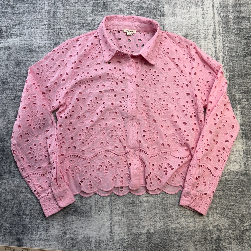 Ultra Pink Top Women Medium Eyelet Button Up Coquette Boho Festival Resort Shirt
